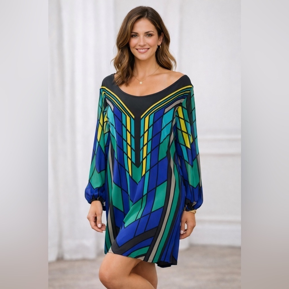 Style & Co Geometric Print Shift Dress Blue Green Yellow Long Sleeve size L
